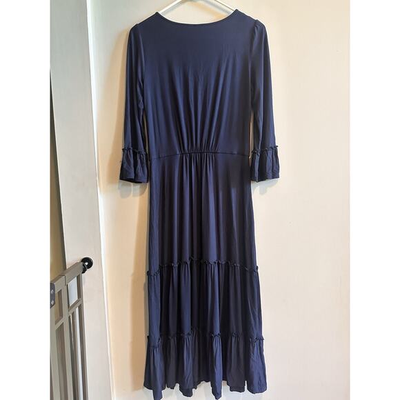Boden Maxi Dress Size 2 Navy Blue Bell Sleeve V Neck Jersey Knit Tiered Ruffle - Picture 8 of 14